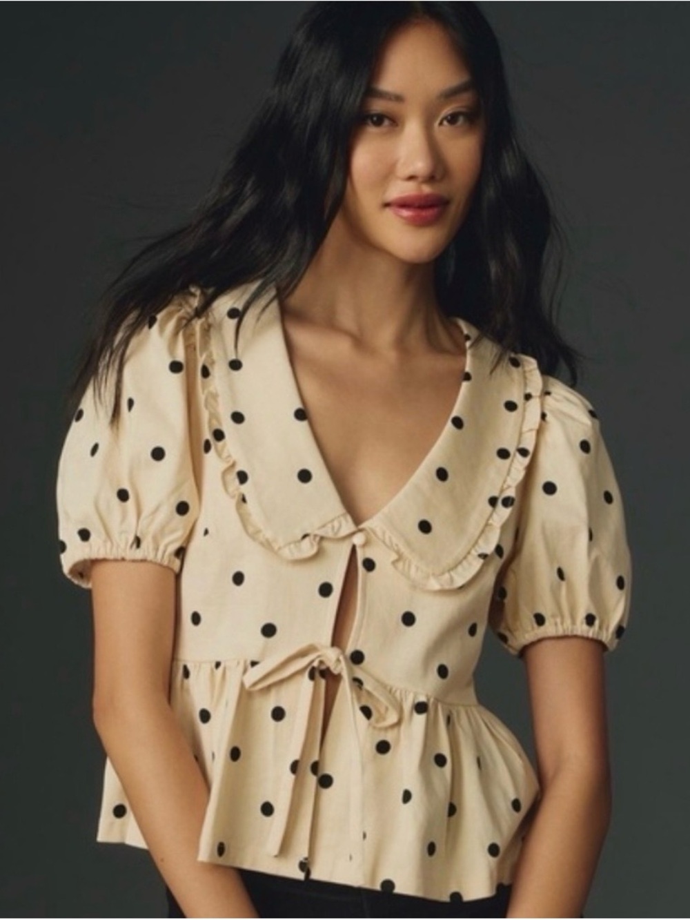Anthropologie Porridge Gwen Polka Dot Ruffle Tie-Front Peplum Blouse - Size L